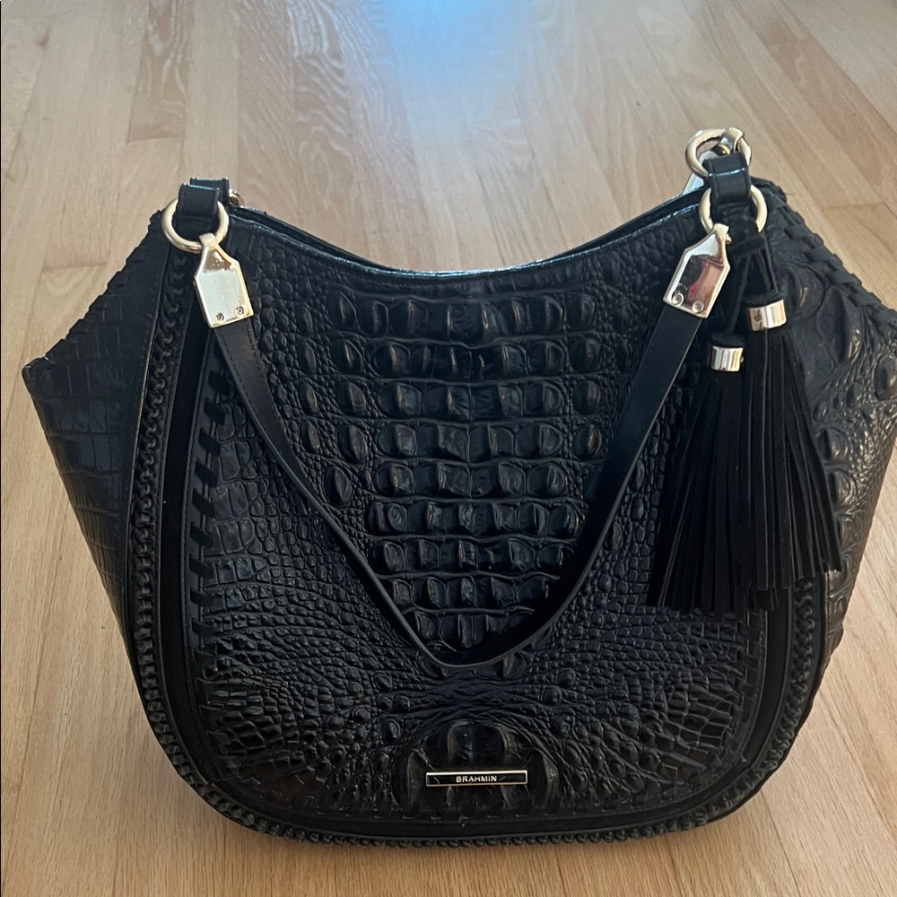 Brahmin Black Crocodile-Embossed Hobo Bag